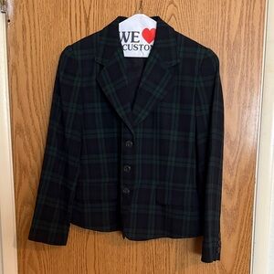 Vintage Linda Allard Ellen Tracy Navy Green Plaid Blazer Jacket Size 8 Petite
